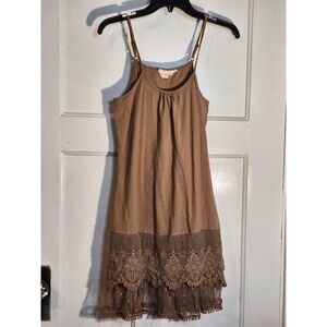 Winter Lennon Brown Crochet Lace Tulle Hem Cami Slip Dress Womens Small Boho